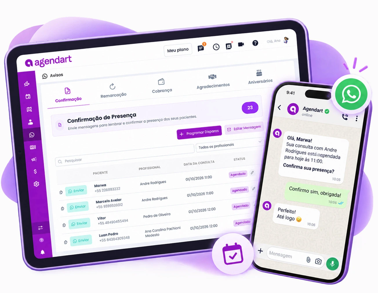 Painel de mensagens do Agendart e conversa pelo WhatsApp